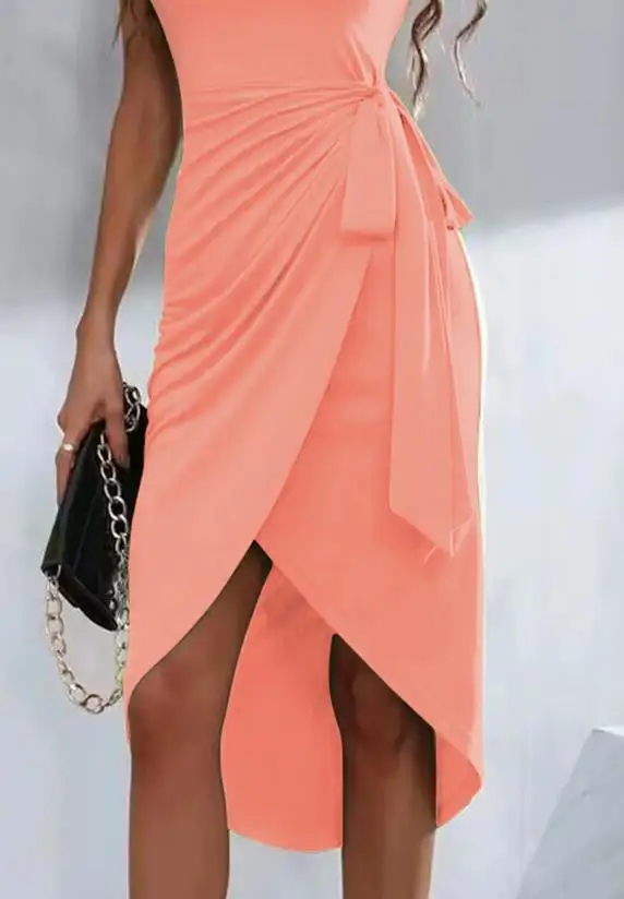 Vestido de ilhó sem mangas feminino, detalhe amarrado, monocromático, fenda assimétrica, vestido diário sexy com decote em v, férias, primavera, verão, 2024