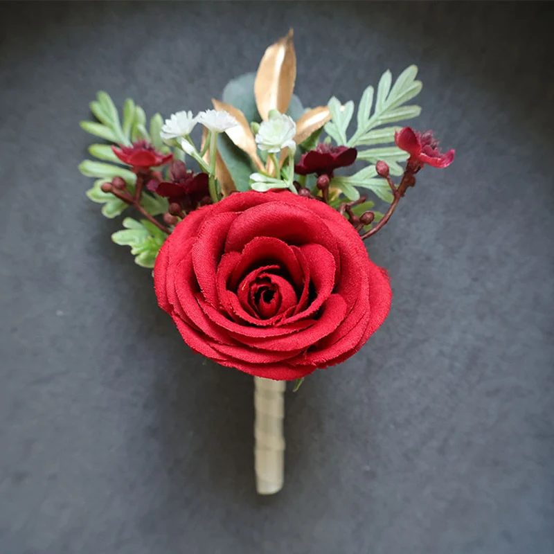 

25068 Red Bohemian Rose Flower Corsage & Wristlet - Perfect for Brides, Groomsmen, and Wedding Decorations