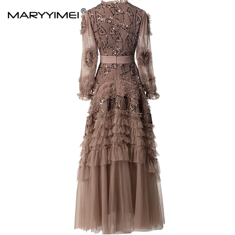 MARYYIMEI Autumn and winter New Style Ball Gown Dress Women's Stand collar Lantern Sleeved Sequins`Ruffles Slim Evening Dresses