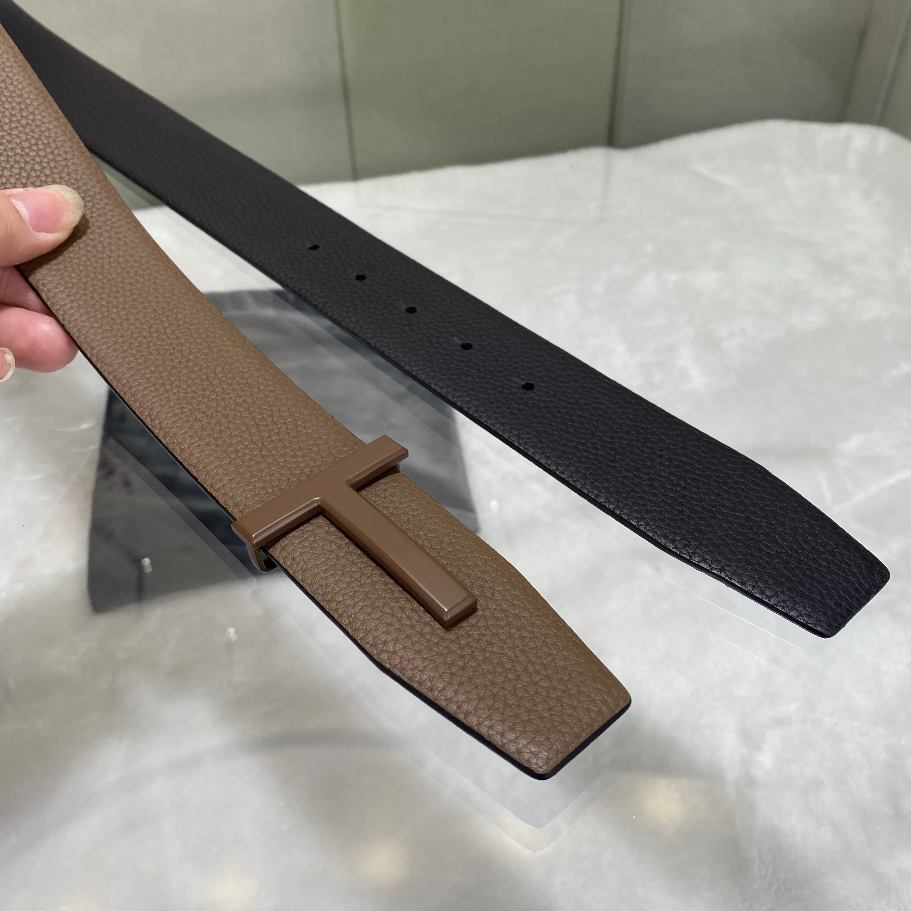 NEW Fashion Top Luxury Designer Brand Brass T Buckle Belt Men High Quality Genuine Real Leather Jeans Waistband business Grey