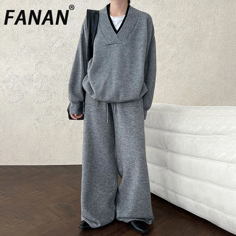 

FANAN женский вязаный комплект из 2 предметов с v-образным вырезом и длинными рукавами, повседневные свободные топы + прямые свободные брюки с высокой талией, мода, новинка осени 2023 г.