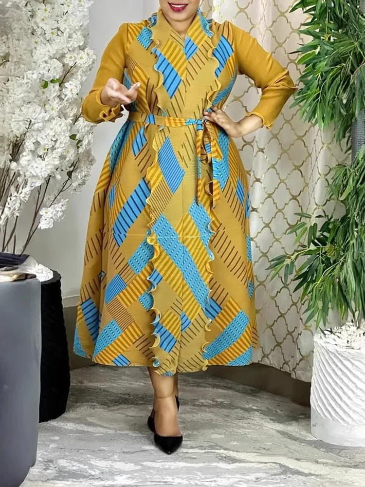 

Design Fashion Casual Dresses Miyake 2025 Summer New Women's Geometric Print Elegant Loose Elastic Long-sleeved Ruffle Splicing