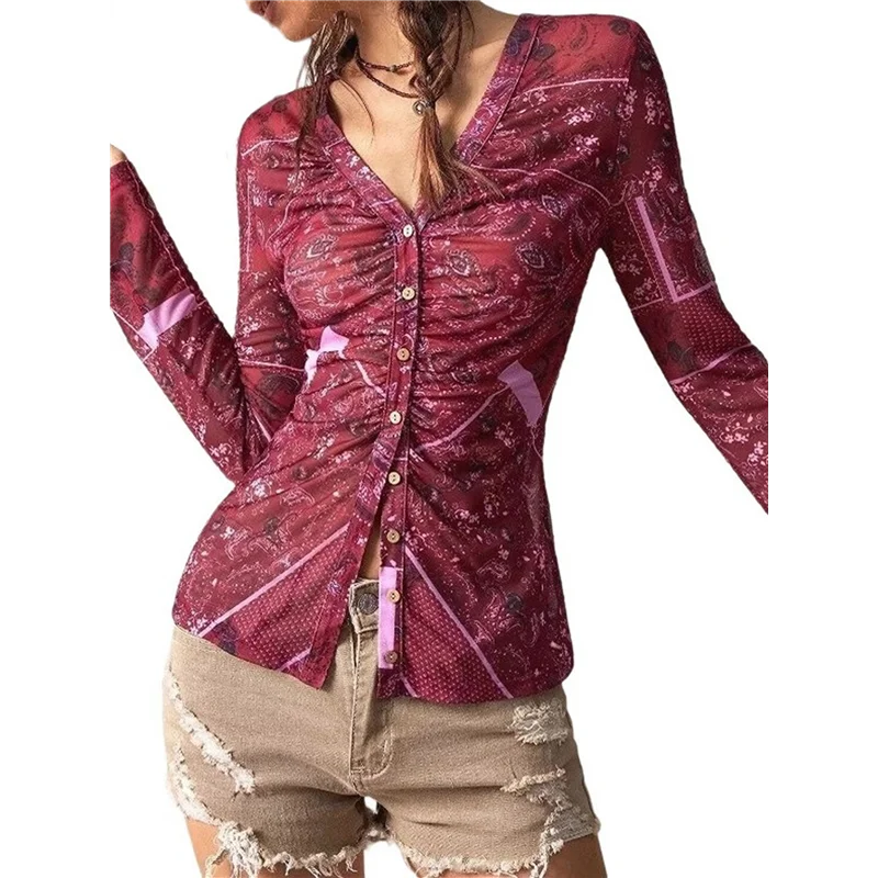

AG-Women's Sheer Mesh Long Sleeve Tops Print Button Down Ruched Y2k Blouse Shirts