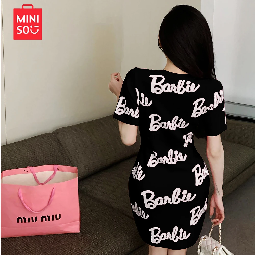 Miniso New Barbie Round Neck Letter Print Short Sleeve Mid Length Wrap Hip Dress Girls Birthday Christmas Halloween Gift