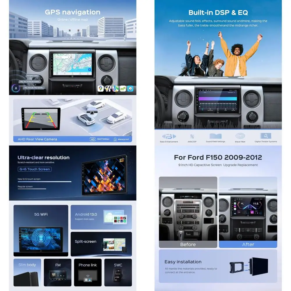 

Автомобильное стерео радио для Ford F150 2009-2012, обновление CarPlay, сменный сенсорный экран Carplay/Android Auto/Android13/GPS-навигация/