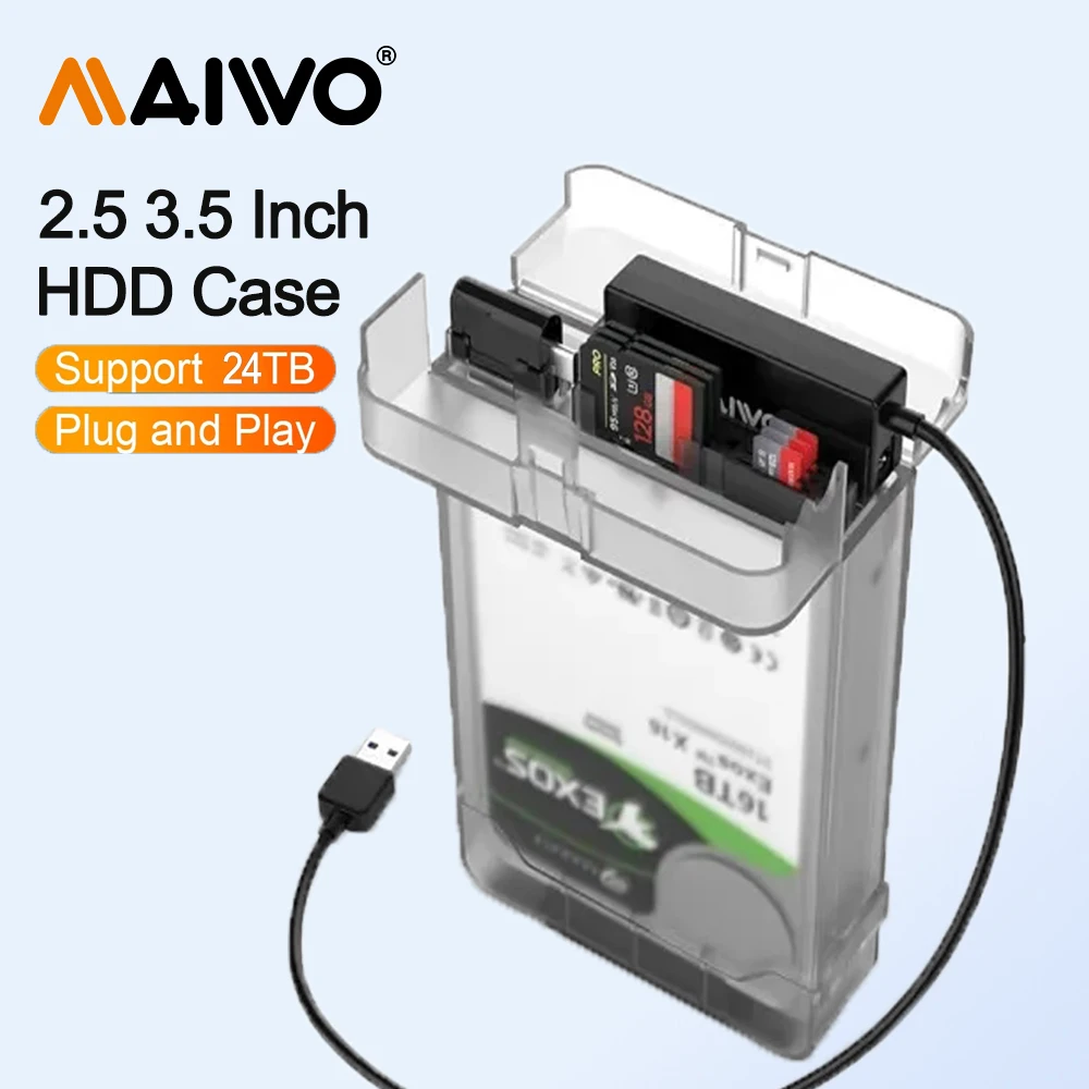 

Корпус внешнего жесткого диска MAIWO для адаптера жесткого диска 3,5 2,5 дюйма SATA SSD 24 ТБ 6 Гбит/с USB3.0 с хранилищем для карт SD + устройство чтения компакт-дисков