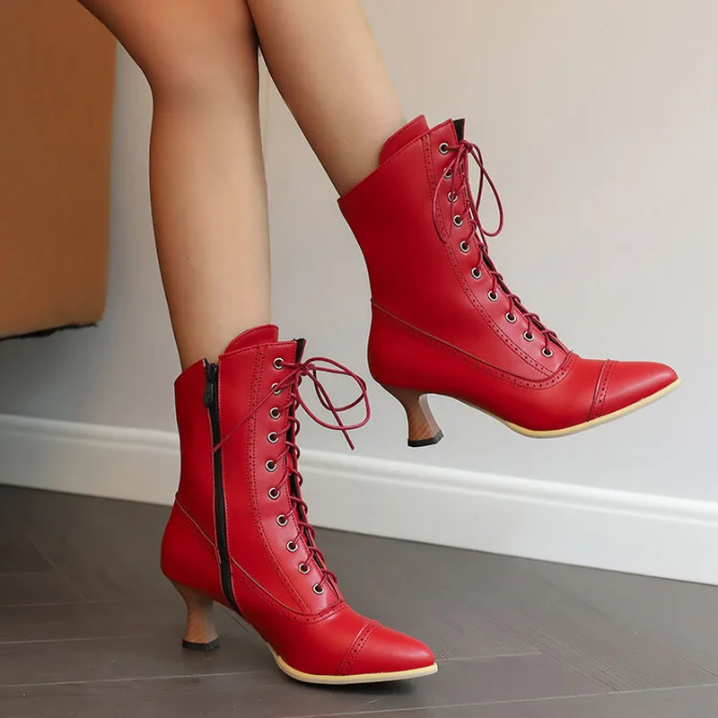 Women Ankle Boots Mid Heel PU Leather Lace Up Women Shoes Pointed Toe Woman Short Boot New Botas Femininas Plus Size 43 WSH4930