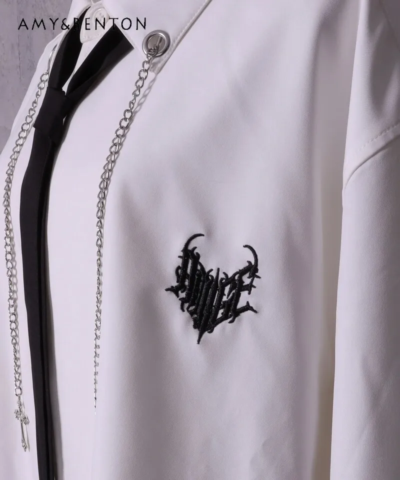 

Japanese Harajuku Subculture Anime Embroidery Chain Cross Strap White Long Sleeve Shirt Neutral Top Gothic Oversized Shirt Women