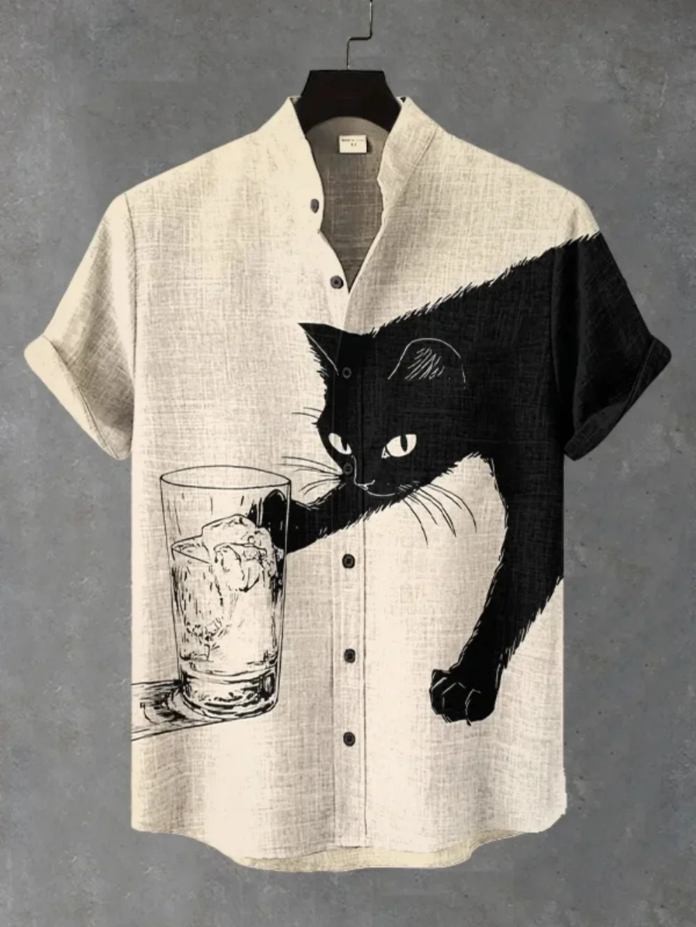 

Single Breasted Casual Shirt Suitable for Vacation Men, Japanese Retro Art Black Cat Print Shirt, Short Sleeved Stand Up Collar