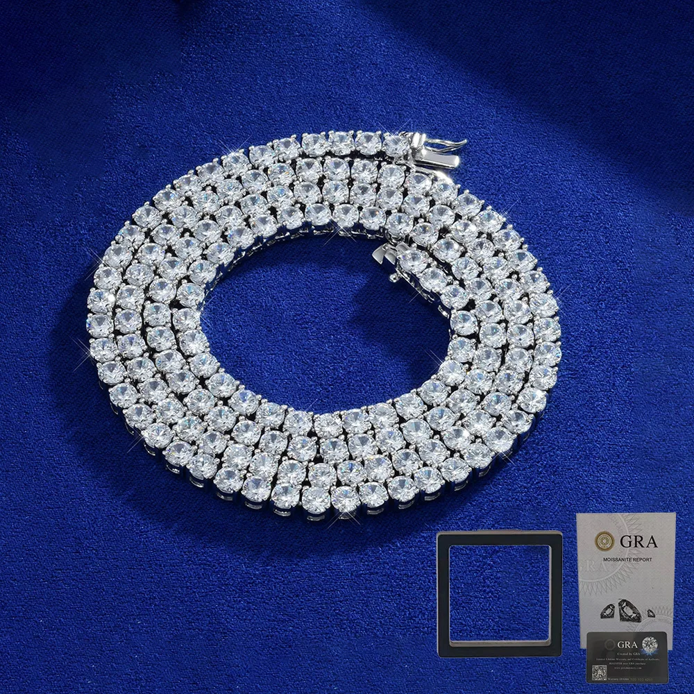 S925 pure silver chain, high-quality 4mm moissanite tennis chain bracelet necklace, hip-hop accessory live broadcast