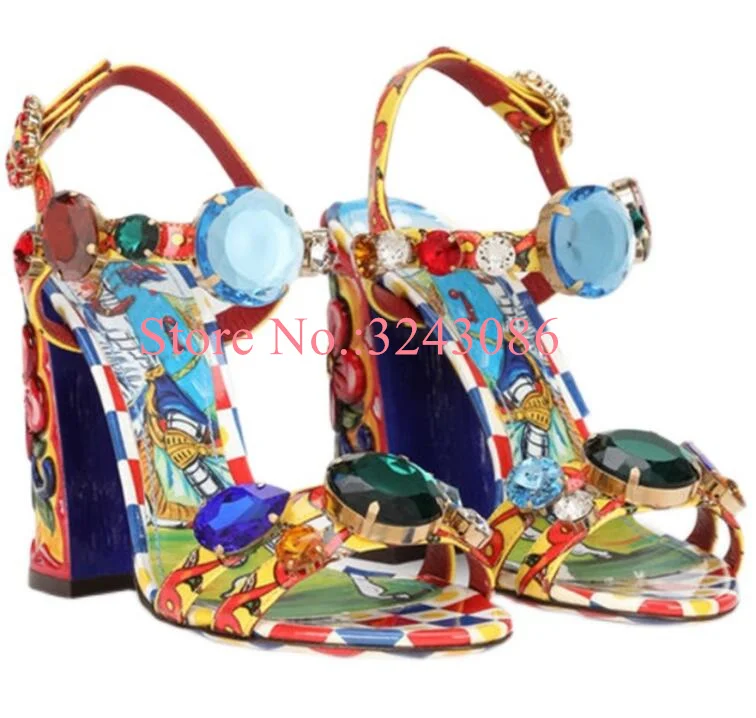 New Crystal Chunky Heel Sandals Woman Fashion Mixed Color Diamond Beach Sandals Sexy Lady Banquet Shoes Dropship