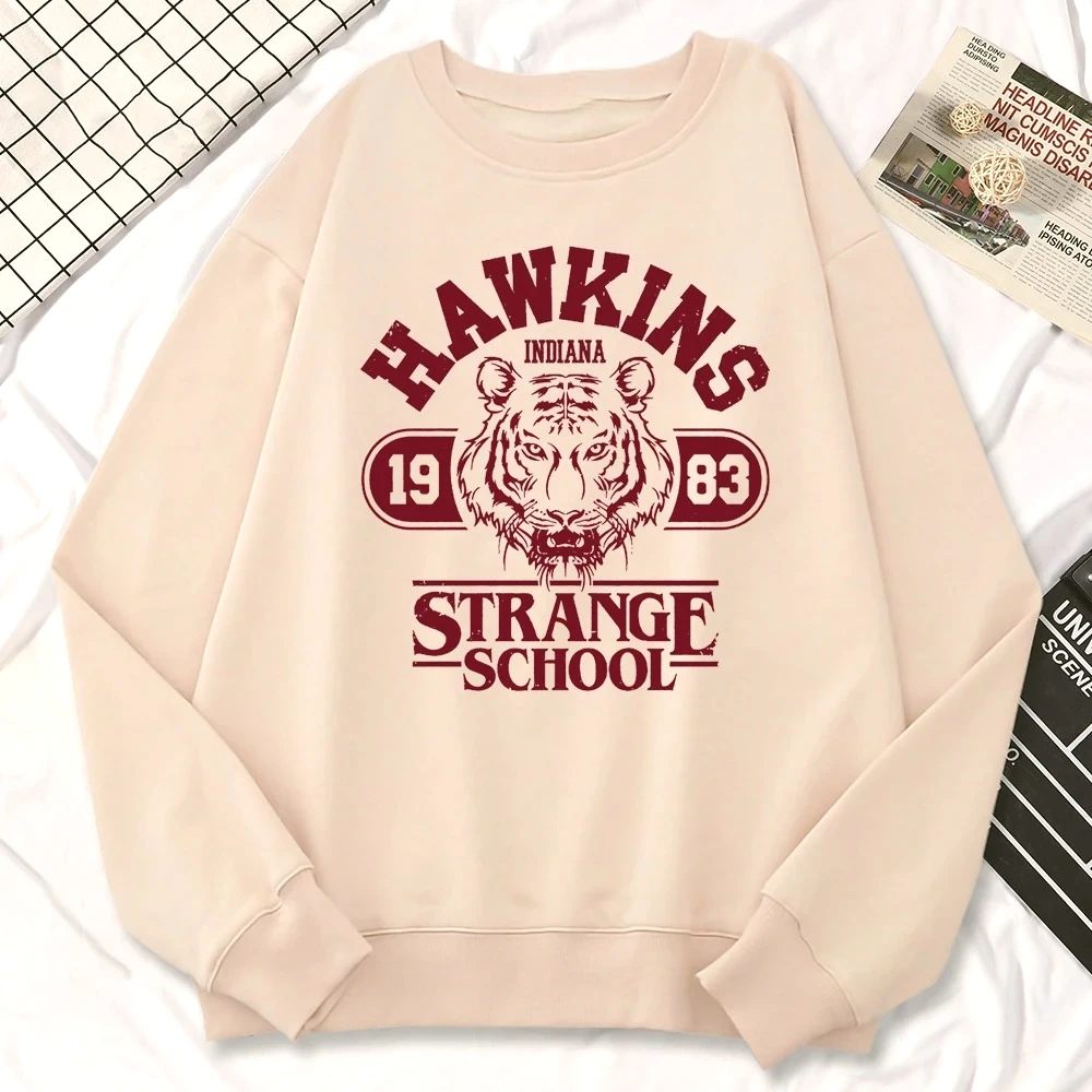 سترة نسائية غير رسمية للشارع من Hawkins High School Indiana 1983 طباعة شتوية بغطاء للرأس بلوفرات برقبة دائرية ملابس صوف دافئة