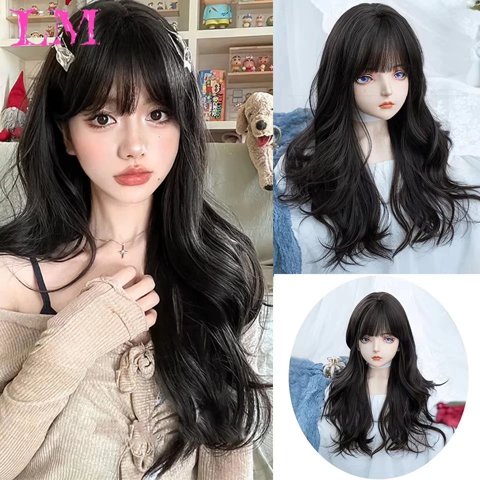 LM Synthetic Wigs Brown Long Deep Wave Hair Lolita Brown Wigs With Bangs Synthetic Wig For Women Fashion Thick Curls Wigs Girl