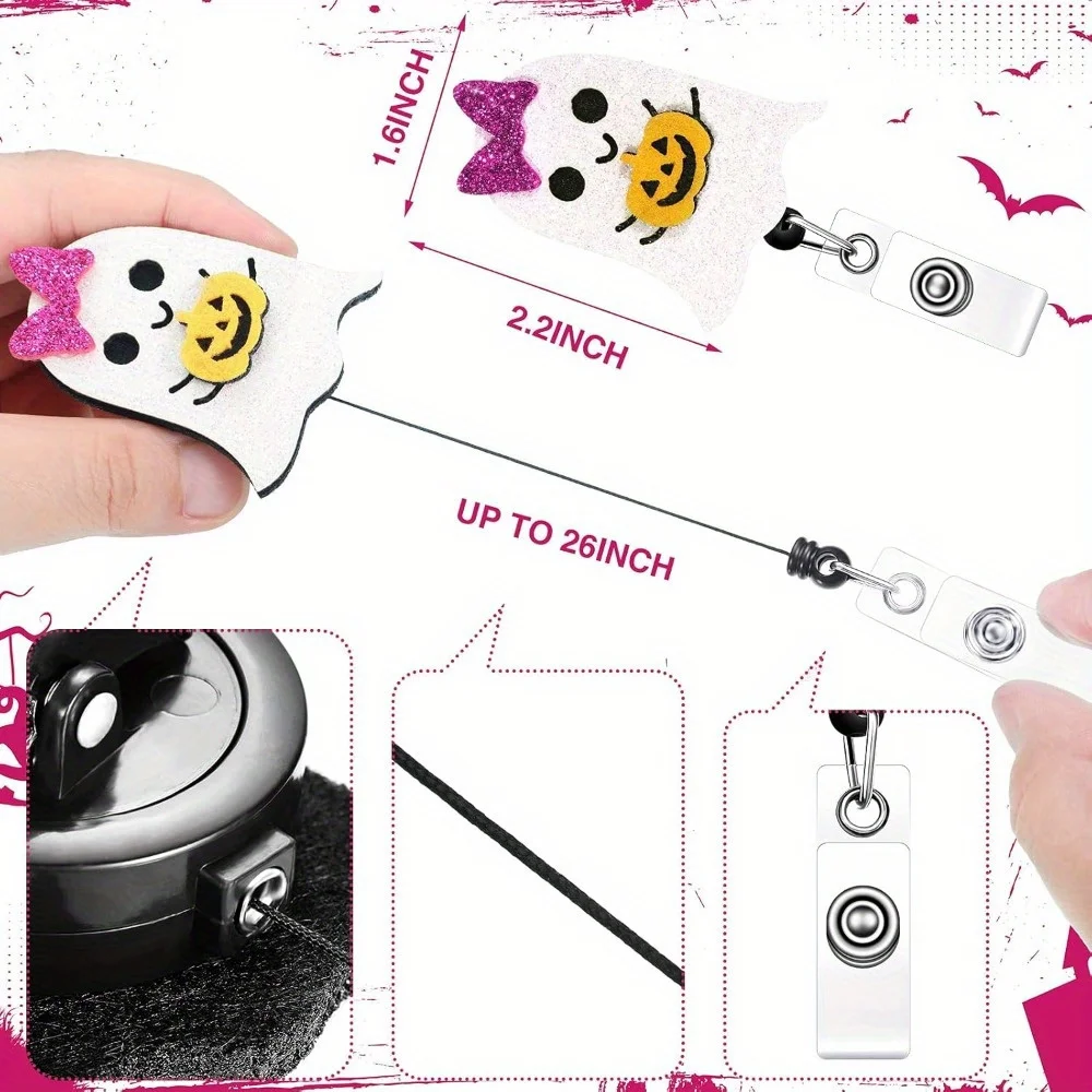 مجموعة مشابك شارة الهالوين مكونة من 4 قطع. مشابك لباد قابلة للتوسيع مع تصميمات اليقطين والساحرة للموظفين الطبيين والمكتبيين.