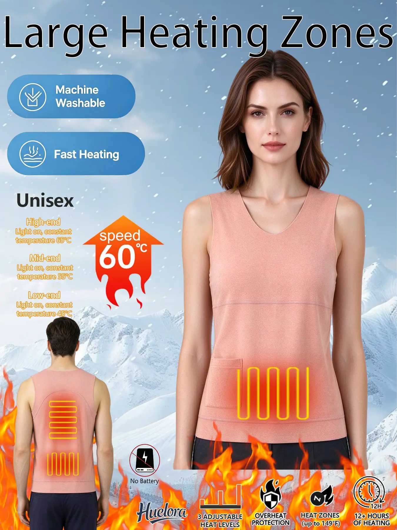 Pink Heated Vest Men Women Warm Seamless Vest USB Self Heating Vest Ski Camping Hiking Heated suede Winter Clothes Washed