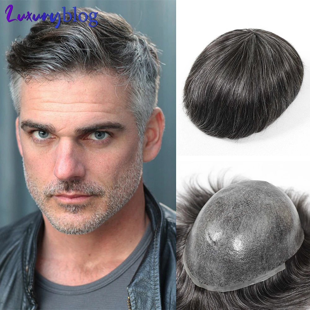 

Full Skin PU Toupee for Men Human Hair Man's Wig 0.08mm Male Injection Hair Capillary Prosthesis Grey Hair Unit System 8x10inch