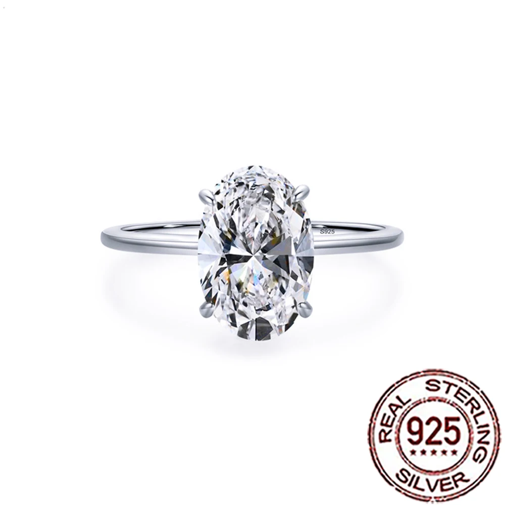 QooLady 925 Sterling Silver Luxury Shiny Cubic Zircon Big Oval Ring for Women Bridal Engagement Wedding Band Jewelry Gifts SR006