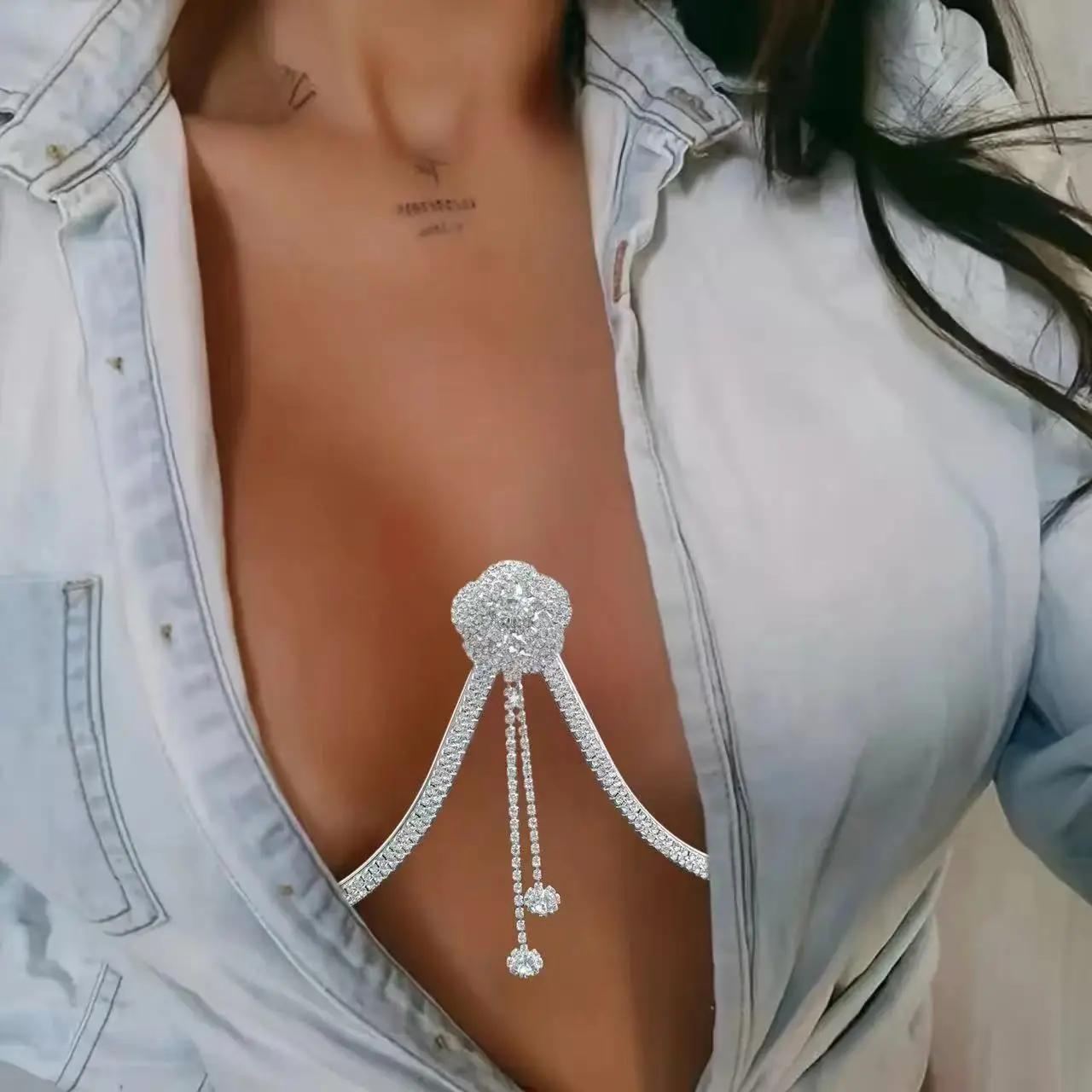 إكسسوارات رائجة البيع، أزياء شخصية، سلسلة صدر ماسية كاملة، دعم صدر فاخر من حجر الراين، سلسلة جسم مثيرة