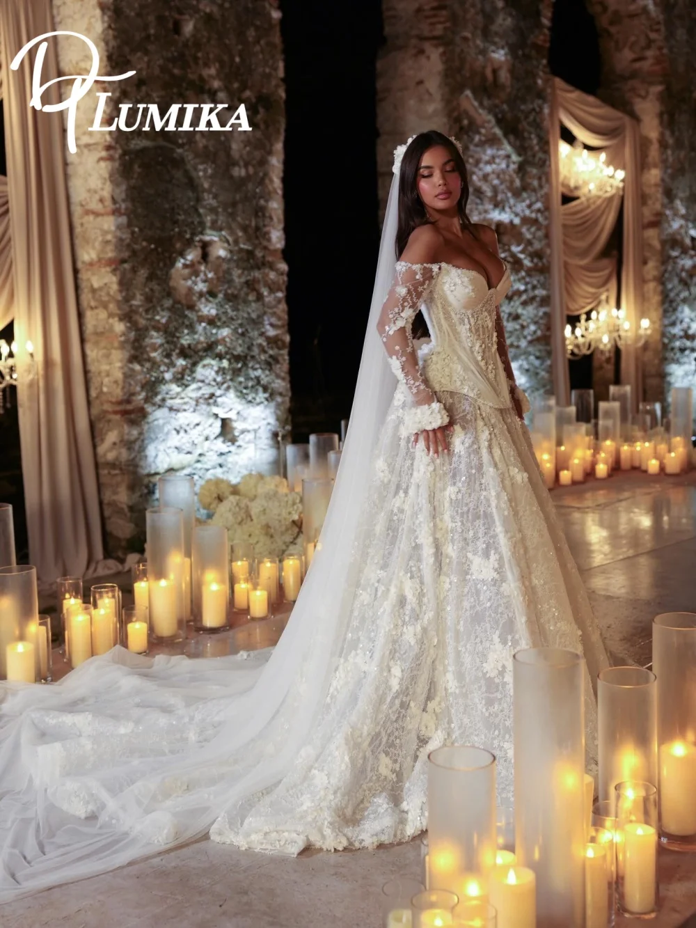 Luxury 3D Floral Lace Ball Gown Wedding Dress 2026 Enchanting Off-Shoulder Sheer Long Sleeve  Bridal Dress Vestidos De Novia