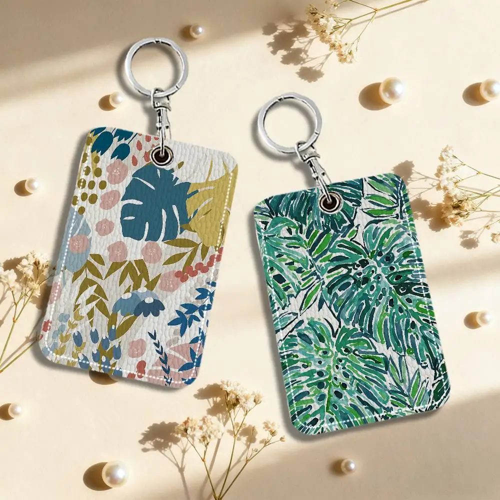 Green Plant Pattern Card Holder Keychain Key Ring Door Lock Access Protective Case For Security Gift