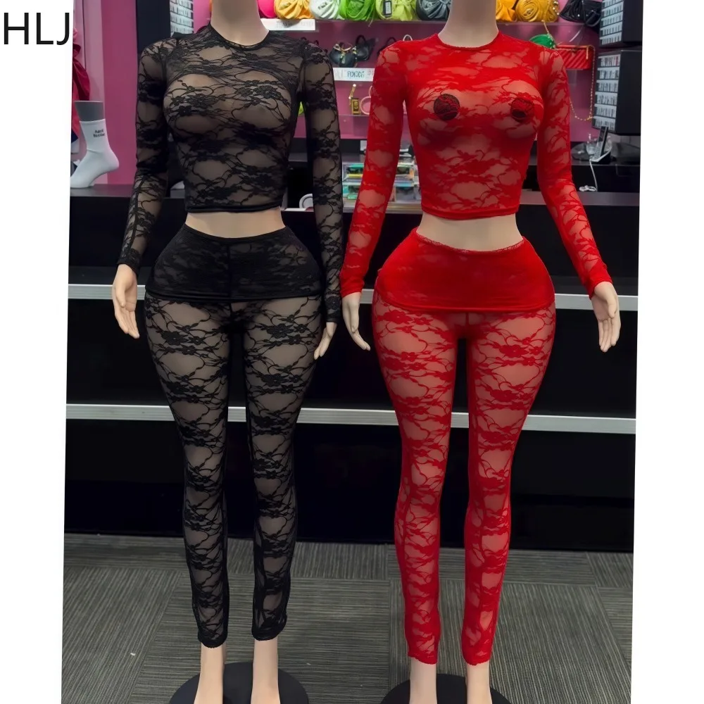 HLJ Sexy Floral Lace 2 Piece Sets Woman Outfit Hollow Out See Through Crop Tops + Fake Skirt Pants Suits Female Night Clubwear