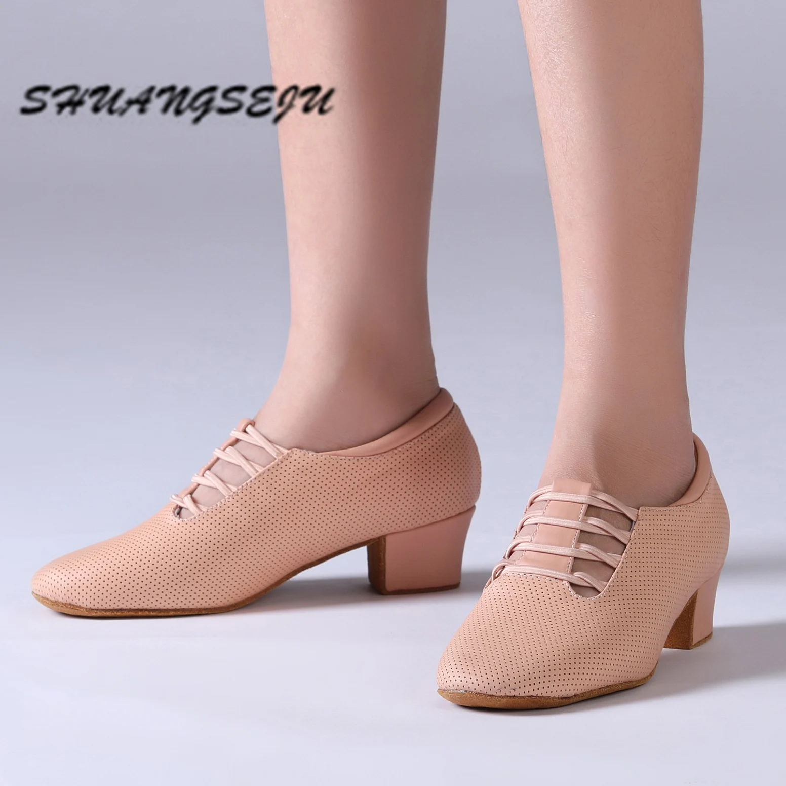 SHUANGSEJU Latin dance Shoes Women's modern modern dance shoes cowhide bun Cha Cha salsa professional practice dance shoes 4cm