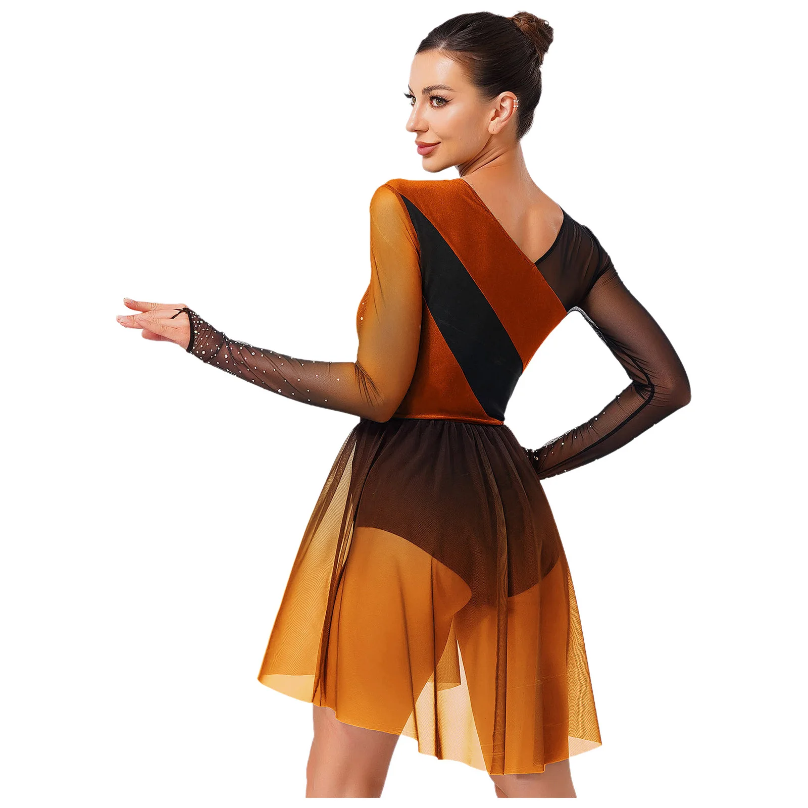 

Womens Rhythmic Gymnastics Jersey Ballet Lyrical Latin Dance Costume Rhinestone Gradient Leotard Tutu Waltz Tango Ballet Dresses