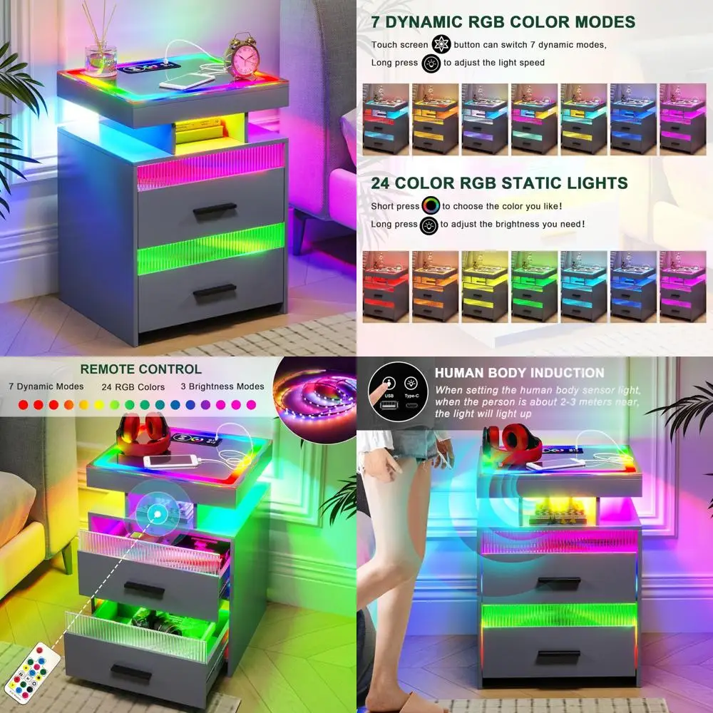 منضدة ذكية حديثة مع مصباح LED RGB وشحن لاسلكي، وطاولة بجانب السرير مع إضاءة بمستشعر بشري