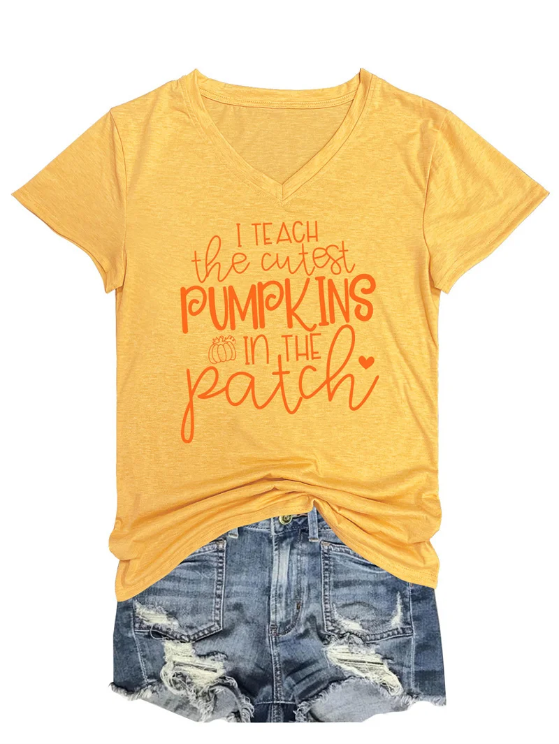 New fashion women's cotton summer i teach the cutest pumpkins Comfortable trend retro V-neck short-sleeved T-shirt