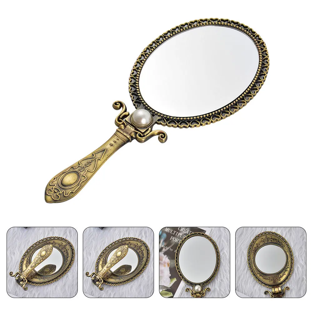 

Double-Sided Handheld Makeup Mirror Portable Foldable Metal Frame Vintage Mirror for Home Office Gift