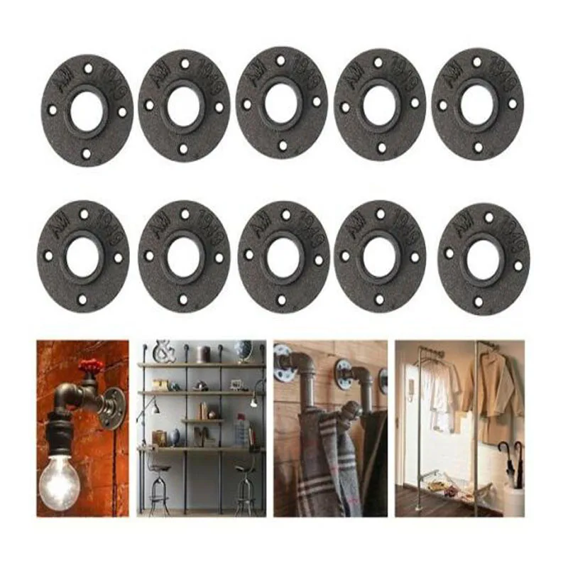 

10Pcs Iron Pipe Fittings Industrial Wall Mounted Malleable Threaded Floor Flange Accessory