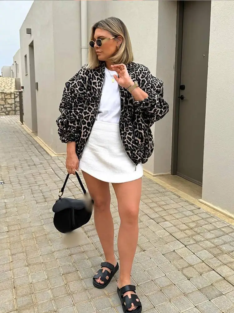 Chic Leopard Print Zipper Short Coat For Woman Fashion Loose Round Neck Long Sleeve Jacket Autumn Winter Warm Street Outerwear