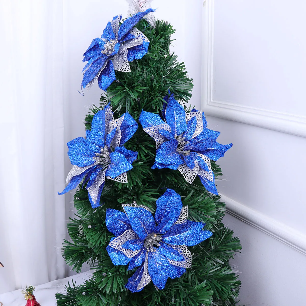 

4pcs Artificial Christmas Flowers Blue Ornaments Craft Mini Handmade Decor Elegant Cloth Lightweight DIY Party Home Gifts