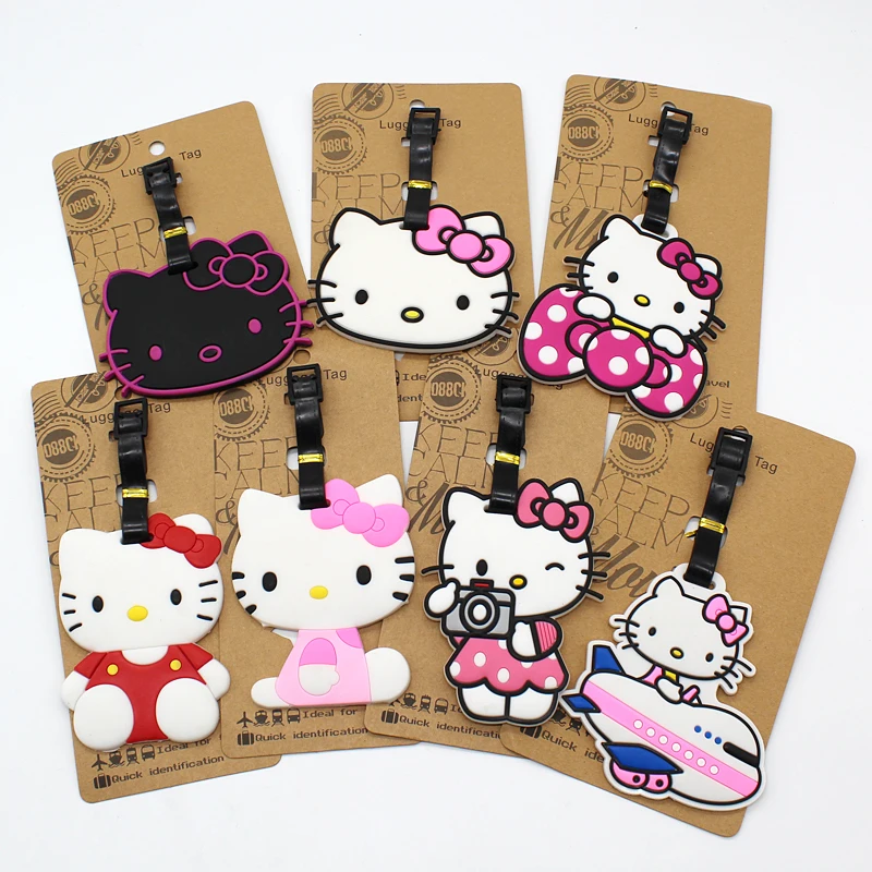 Etiqueta de equipaje Hello Kitty para mujer, colgante de gel de sílice de dibujos animados, soporte de dirección de identificación portátil,