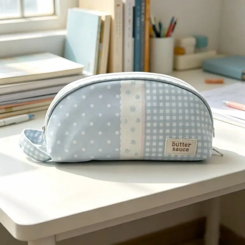 Portable Plaid Polka Dot Shell Shape Large Capacity Pencil Pouch School Office Stationery Storage Bag