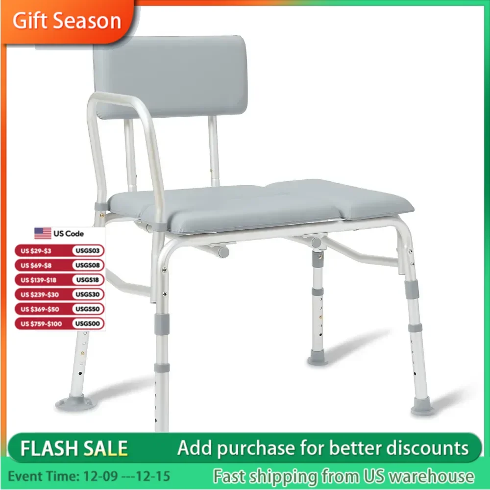 Padded Transfer Bench for Bathtub and Shower, Height Adjustable, Slip-Resistant Legs, Rust-Resistant, Side Arm & Back Rest