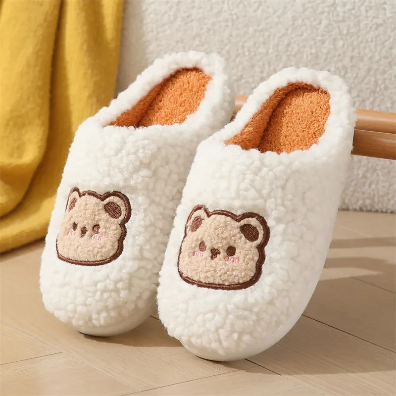 Cute Bear Warm Plush Home Slippers Women Winter 2025 Non Slip Cotton Indoor Shoes Woman Thick Bottom Couple Bedroom Flip Flops