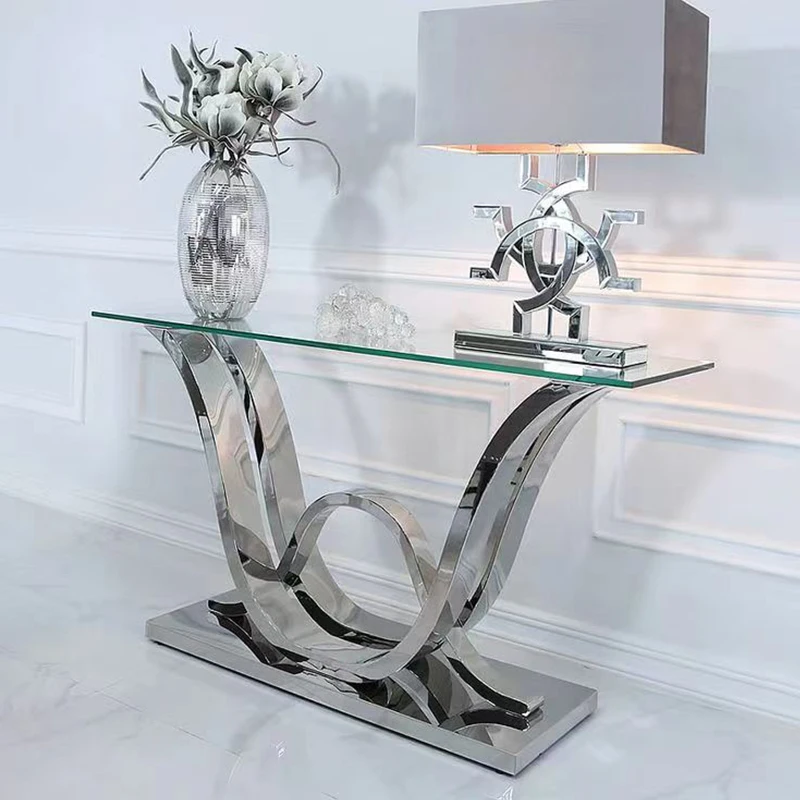 

Узкий консольный стол из мрамора и серебра для прихожей, для дома и отеля, со столешницей из закаленного стекла