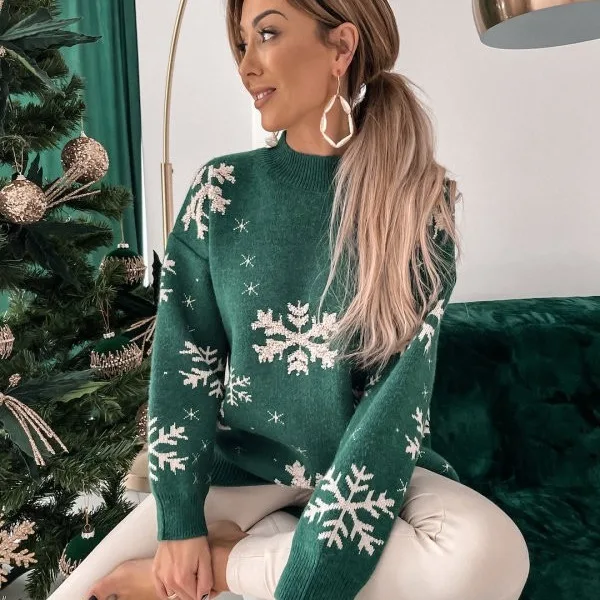 Floco de neve de Natal feminino com gola comprida camisola tricotada, mulheres pulôveres, malha moda, outono, 2024