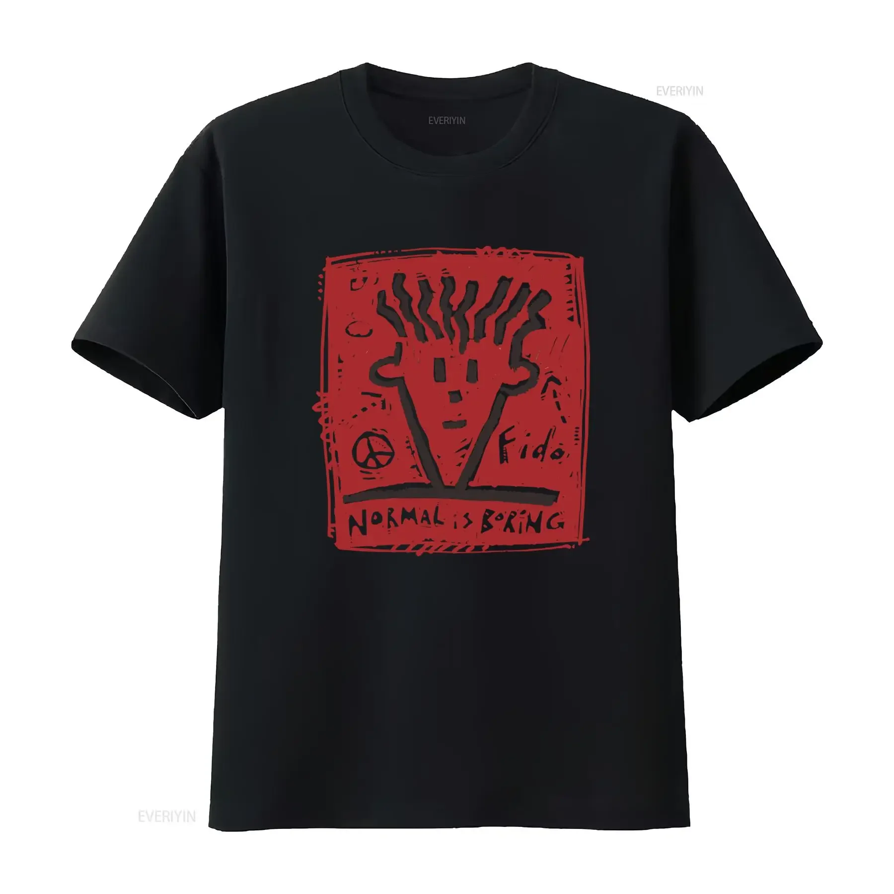 Camiseta Vintage 1985 FIDO DIDO Normal Is Boring com Efeito Desgastado, Símbolo da Paz, Estilo Skater Surfer Anos 80, Lavagem Vintage, Versátil