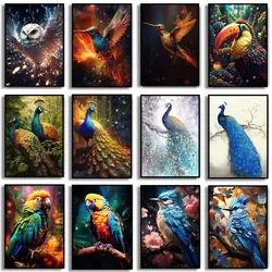 Vibrant Jungle Bird Wall Art Canvas Peacock Hummingbird Parrot Toucan Owl in Floral Design  Animal Poster Prints for Home Decor