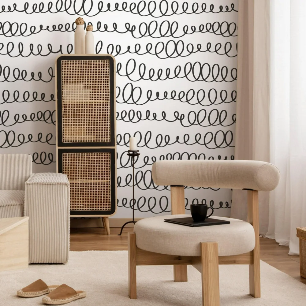 Self-Adhesive Wall Sticker French Retro Geometric Petals Leaves Lines Texture Wallpaper Bedroom Living Room Restaurant Wallpaper