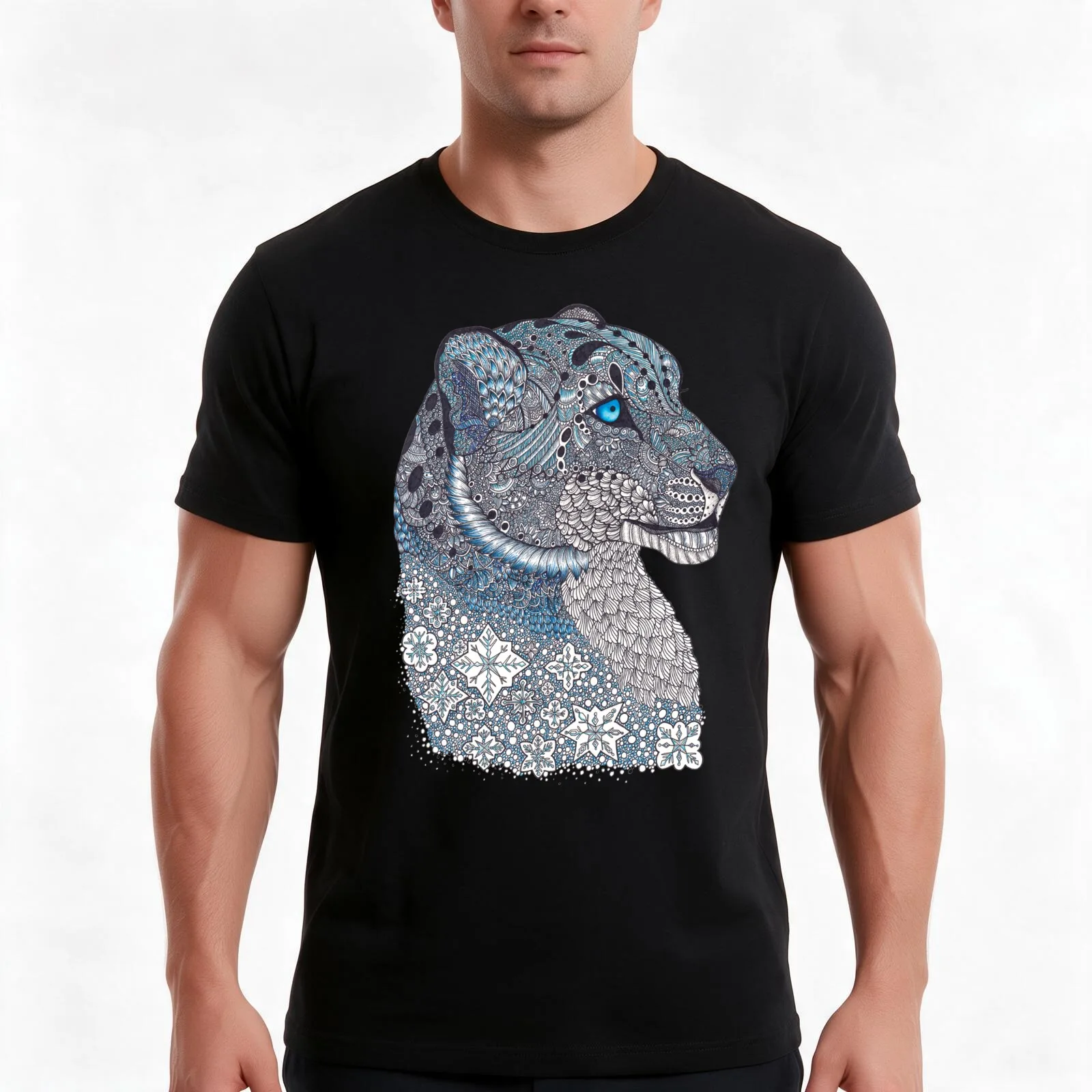 Blue Zentangle Snow Leopard and Snowflakes T-Shirt, Summer Casual Cotton Tee, Oversized Streetwear Tops, Vintage Graphic Print