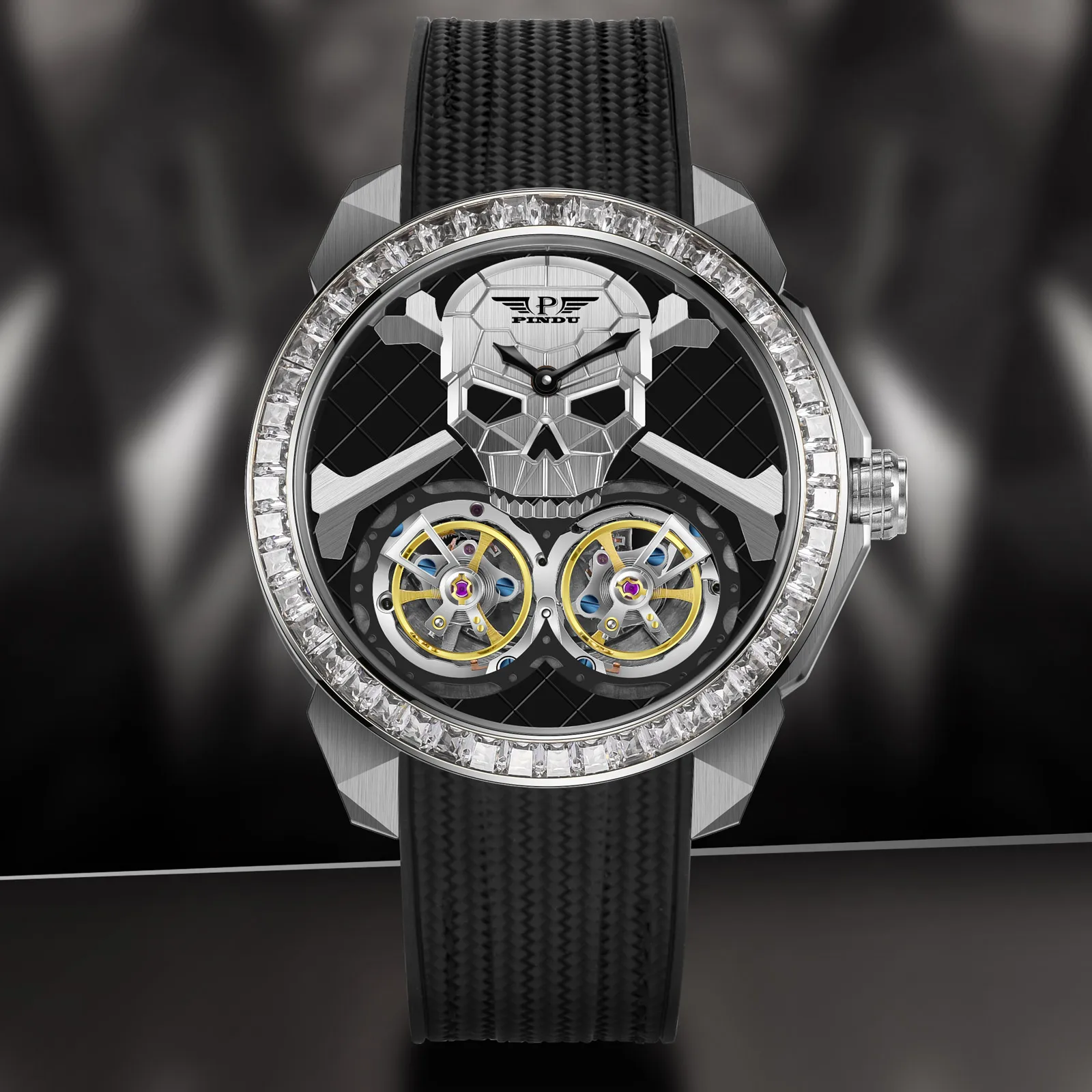 PINDU Design New Double Flying Wheel Mechanical Watch Men Ghost Head Dial JHLS33-1 Movement 50M Waterproof Mechanical Watch TOP