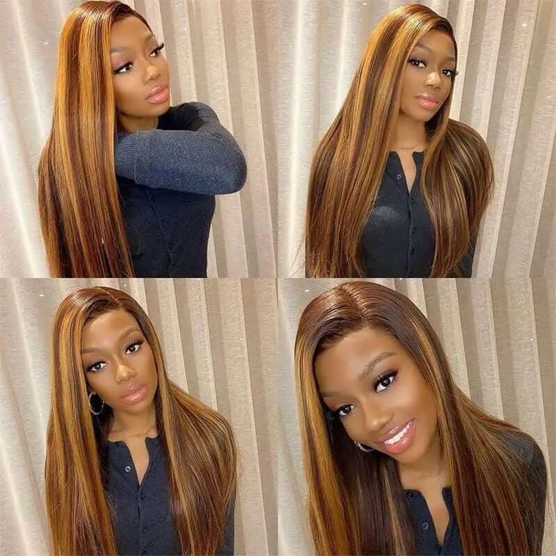 4/27 Honey Blonde Lace Front Wig Human Hair 200% Density HD Transparent Ombre Lace Frontal Wigs Pre Plucked with Baby Hair