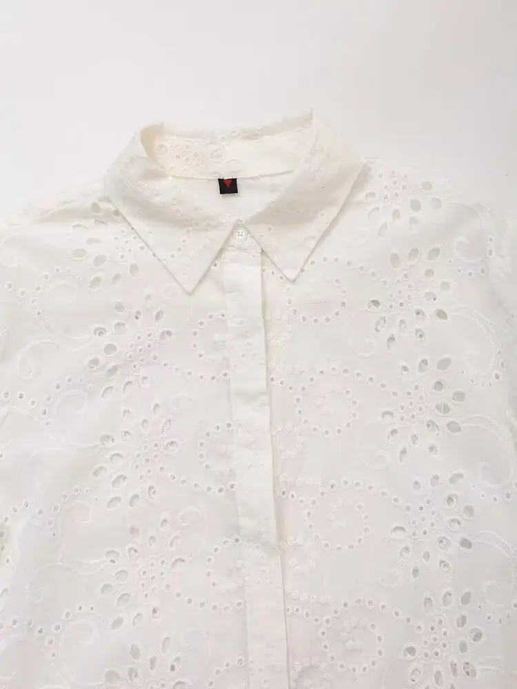 Tangada Women White Embroidery Cotton Shirt Long Sleeve 2024 Female Summer Hollow Blouse Tops 6H0155