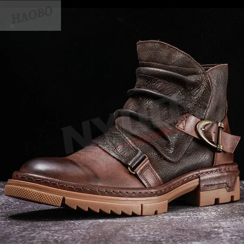 2025 Retro Men's Motorcycle Leather Boots British Style Round Head High Top Shoes Casual Platform Boots Moto Street Gear