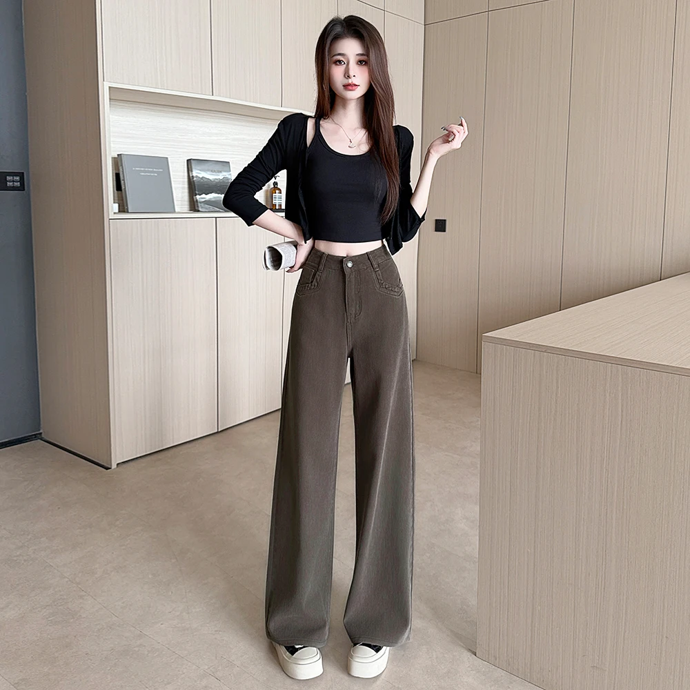 Women's Petite‑Fit Coffee‑Colored Narrow‑Cut Straight‑Leg Wide‑Leg Jeans, Versatile For Autumn And Winter Daily Outfits - view 3