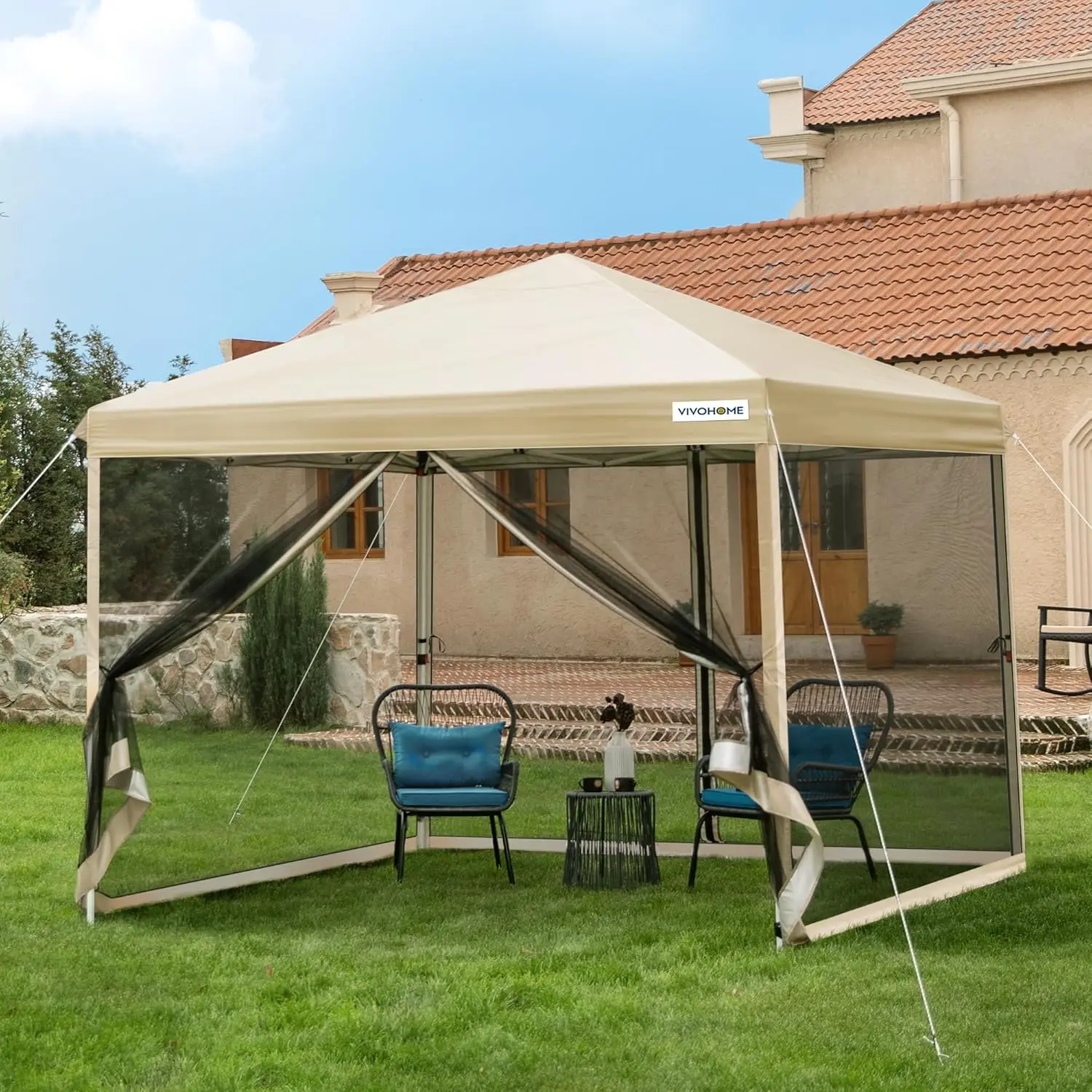 Outdoor Yard Camping and Picnic Screen Tent, Lightweight Material, Beige, with Mosquito Netting, 2 Zipper Doors and Roller Bag
