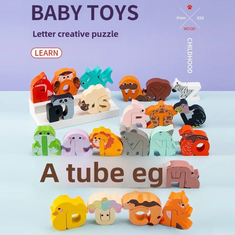 Animal Letter Puzzle with 26 Wooden Uppercase A-Z Pieces, Colorful Letter and Animal Recognition Activity Set for Hands-On 15UB